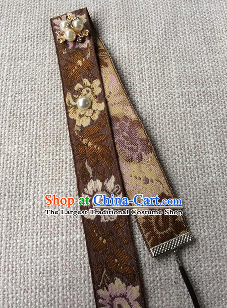 Chinese Ming Dynasty Dowager Countess Pearls Forehead Accessories Traditional Hanfu Embroidered Brown Headband Ancient Elderly Woman Headwear