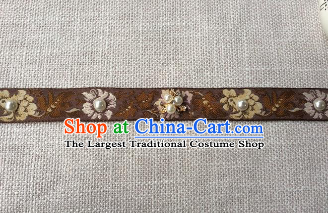 Chinese Ming Dynasty Dowager Countess Pearls Forehead Accessories Traditional Hanfu Embroidered Brown Headband Ancient Elderly Woman Headwear