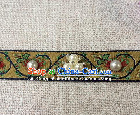 Chinese Ancient Elderly Woman Hair Clasp Ming Dynasty Dowager Countess Pearls Forehead Accessories Traditional Hanfu Embroidered Yellow Headband