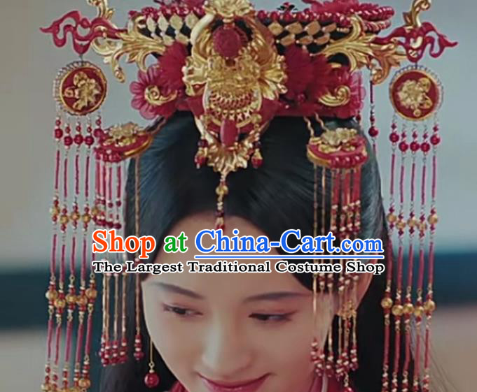 China Drama The Legend of White Snake Bai Suzhen Hairpieces Traditional Hanfu Bride Headdress Ancient Goddess Red Tassel Hair Crown
