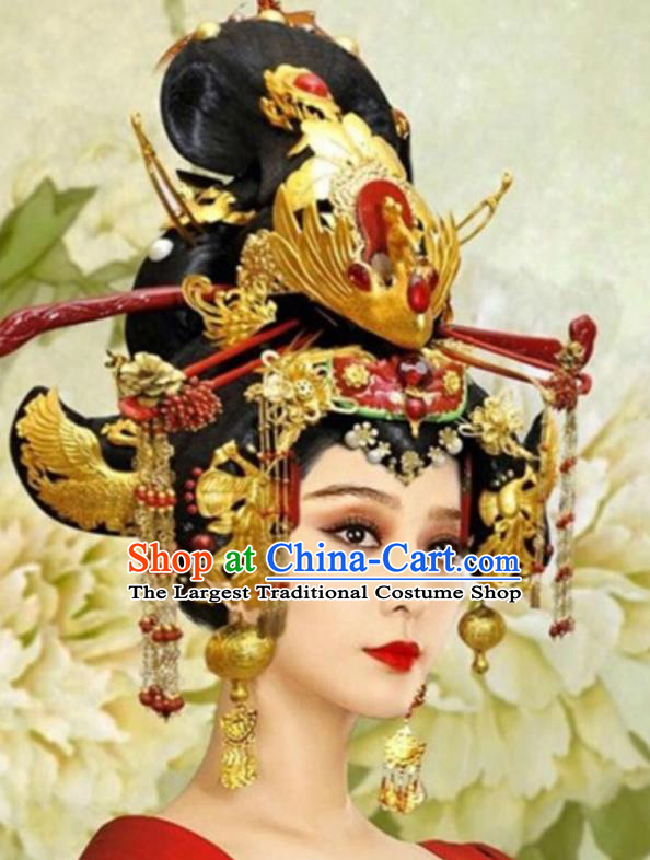 China Traditional Tang Dynasty Queen Headwear Ancient Empress Wigs and Hair Crown Drama Wu Zetian Hair Accessories