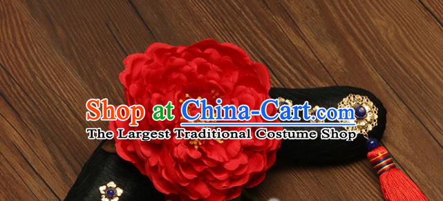 China Drama Princess of Pearl Hairpieces Traditional Qing Dynasty Headdress Ancient Imperial Consort Wigs and Red Peony Hairpins