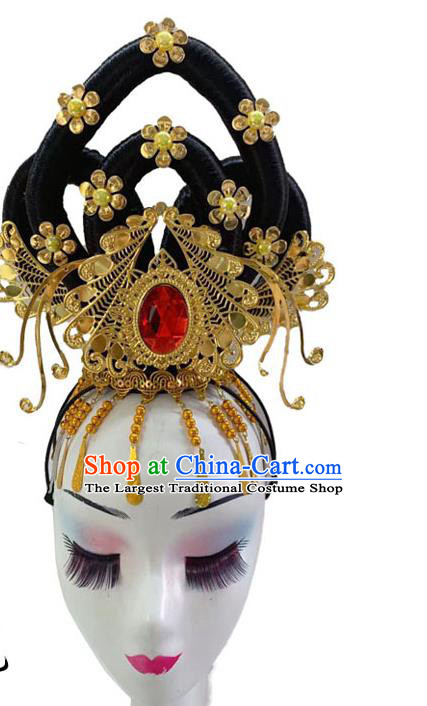 Chinese Classical Dance Hair Accessories Traditional Dunhuang Flying Apsaras Headwear Stage Performance Wigs Chignon