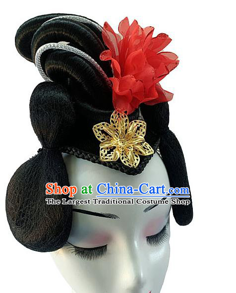Chinese Classical Dance Hairpieces Traditional Woman Group Dance Hair Accessories Stage Performance Wigs Chignon Headdress