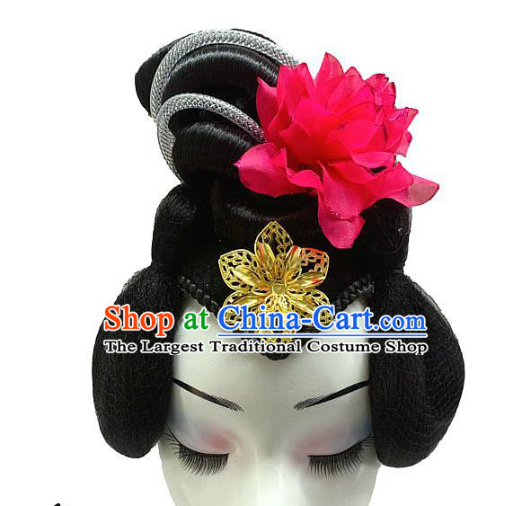 Chinese Traditional Woman Group Dance Rosy Flower Hair Accessories Stage Performance Wigs Chignon Headdress Classical Dance Hairpieces