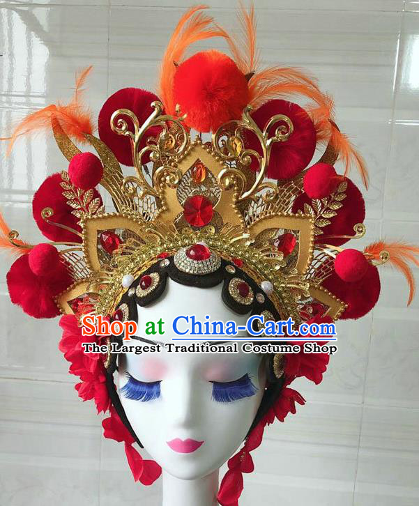 Chinese Peking Opera Blues Helmet Opera Female General Performance Feather Headdress Classical Dance Wigs and Hair Accessories