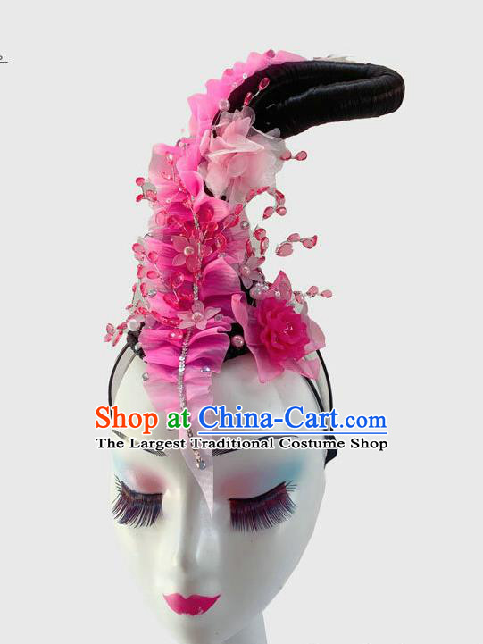 Chinese Classical Dance Wigs Chignon and Rosy Flowers Hair Accessories Court Dance Headpiece Traditional Flying Fairy Dance Hair Clasp