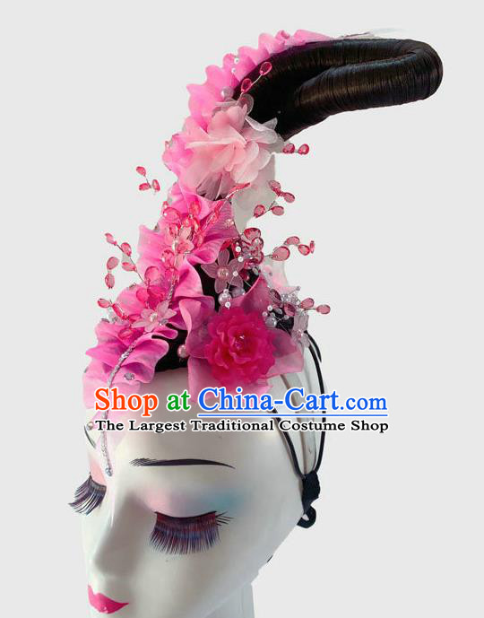 Chinese Classical Dance Wigs Chignon and Rosy Flowers Hair Accessories Court Dance Headpiece Traditional Flying Fairy Dance Hair Clasp