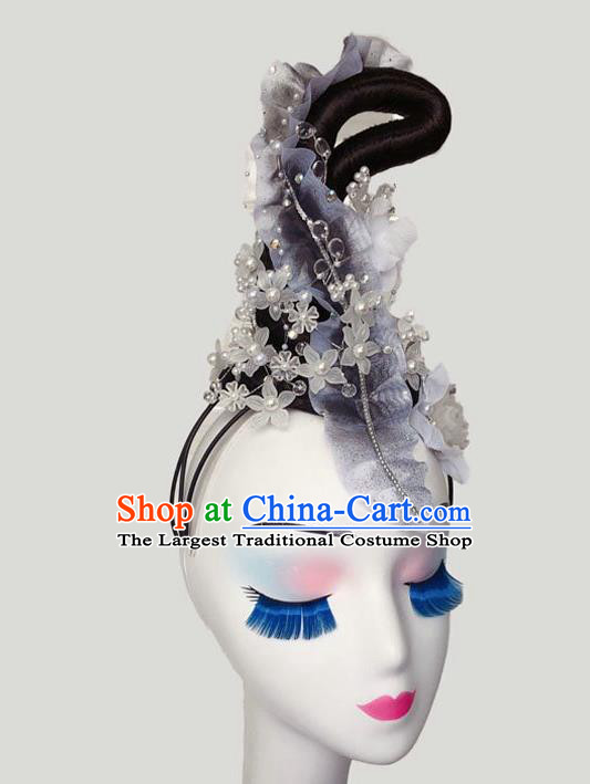 Chinese Traditional Flying Fairy Dance Purple Flowers Hair Clasp Classical Dance Wigs Chignon Court Dance Headpiece