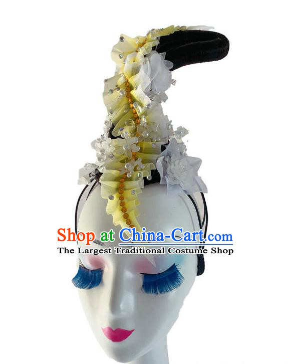 Chinese Court Dance Headpiece Traditional Flying Fairy Dance Yellow Flowers Hair Clasp Classical Dance Wigs Chignon