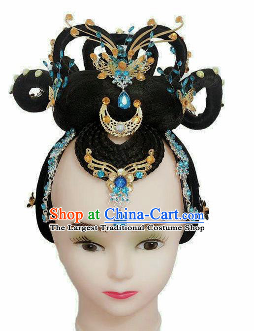 Chinese Tang Dynasty Court Dance Headpieces Traditional Woman Dance Headdress Classical Dance Wigs Chignon