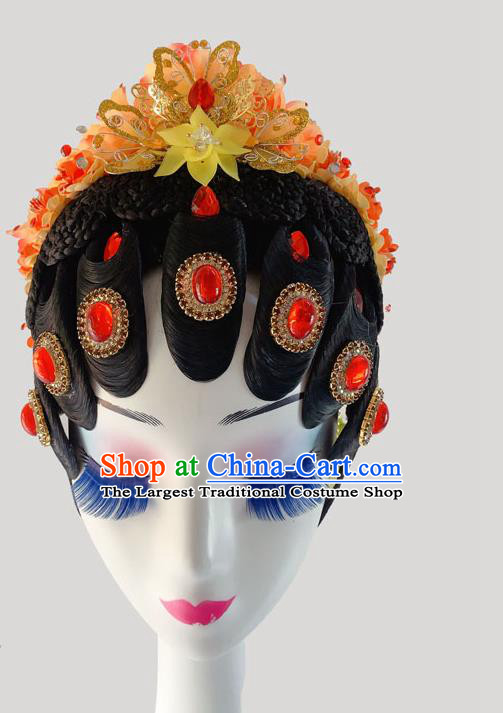 Chinese Peking Opera Diva Hairpieces Woman Stage Performance Headdress Classical Dance Wigs and Orange Flowers Hair Accessories