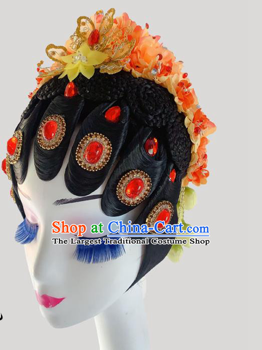 Chinese Peking Opera Diva Hairpieces Woman Stage Performance Headdress Classical Dance Wigs and Orange Flowers Hair Accessories