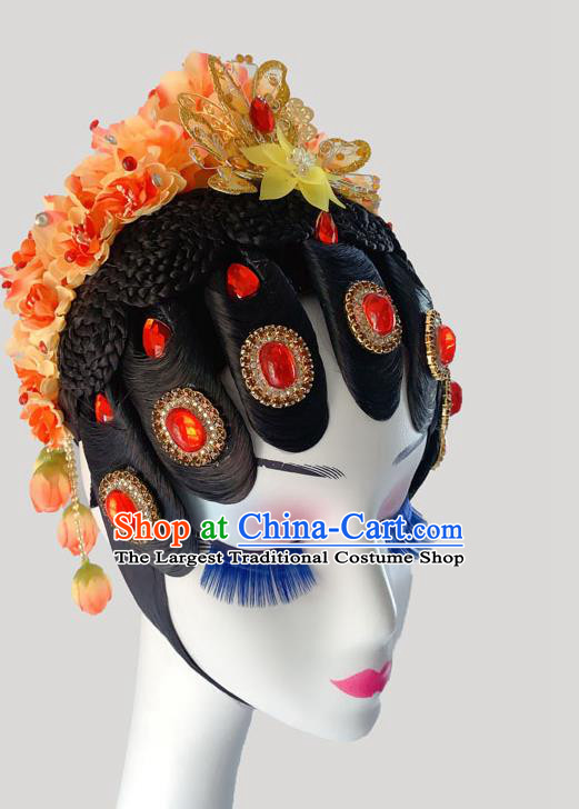 Chinese Peking Opera Diva Hairpieces Woman Stage Performance Headdress Classical Dance Wigs and Orange Flowers Hair Accessories
