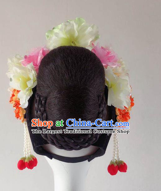 Chinese Classical Dance Wigs and Flowers Hair Accessories Peking Opera Hua Tan Hairpieces Woman Stage Performance Headdress