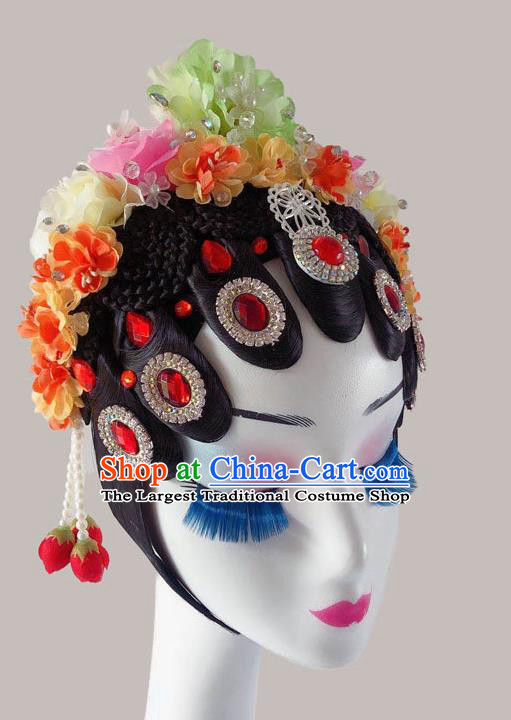 Chinese Classical Dance Wigs and Flowers Hair Accessories Peking Opera Hua Tan Hairpieces Woman Stage Performance Headdress