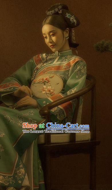 China Qing Dynasty Imperial Consort Historical Garment Costume Ancient Empress Embroidered Green Dress Traditional Court Clothing for Women