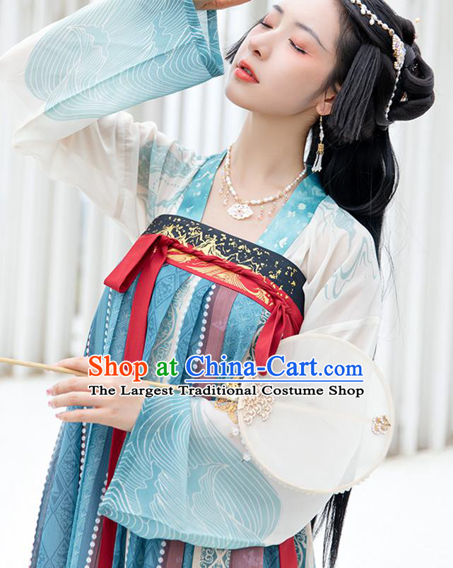 China Ancient Court Princess Blue Hanfu Dress Clothing Traditional Tang Dynasty Historical Garment Costumes Complete Set