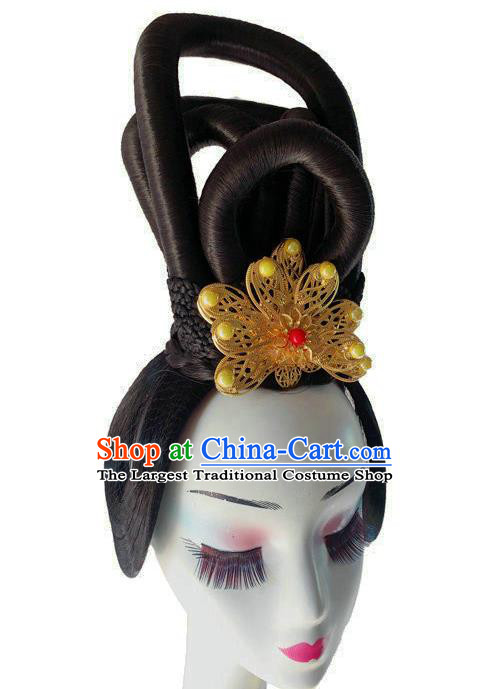 Chinese Woman Stage Performance Hairpieces Traditional Tang Dynasty Beauty Dance Headdress Classical Court Dance Wigs