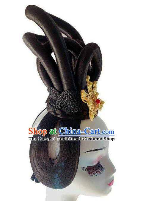 Chinese Woman Stage Performance Hairpieces Traditional Tang Dynasty Beauty Dance Headdress Classical Court Dance Wigs