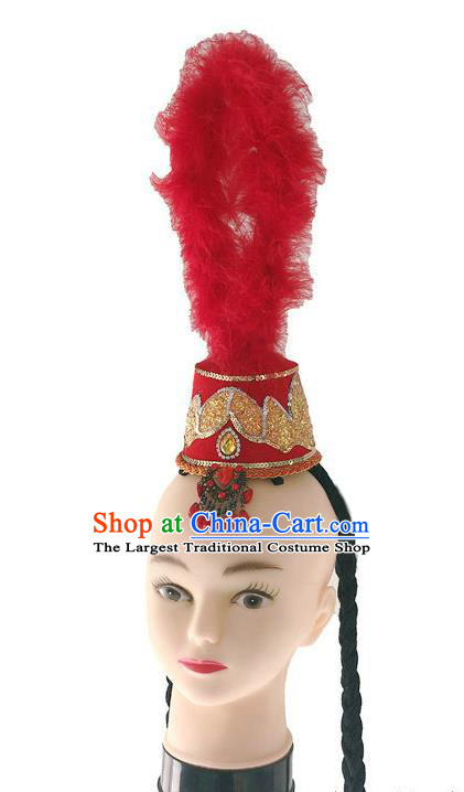 China Ethnic Folk Dance Red Hat Kazak Nationality Dance Headdress Xinjiang Minority Performance Feather Headwear