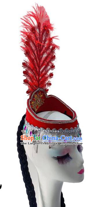 China Uyghur Ethnic Folk Dance Braid Hairpiece Uighur Nationality Dance Hat Xinjiang Minority Performance Red Feather Headdress