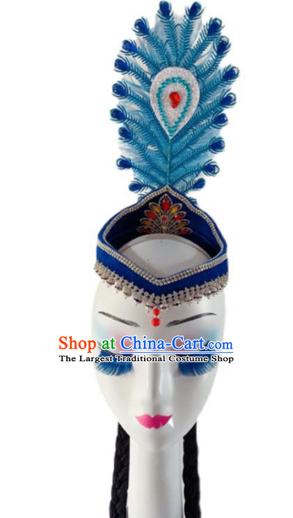 China Xinjiang Minority Performance Blue Feather Headdress Uyghur Ethnic Folk Dance Braid Hairpiece Uighur Nationality Dance Hat