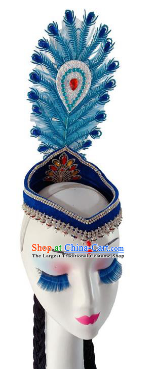 China Xinjiang Minority Performance Blue Feather Headdress Uyghur Ethnic Folk Dance Braid Hairpiece Uighur Nationality Dance Hat