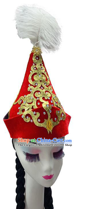 China Kazak Minority Performance Headwear Xinjiang Ethnic Woman Dance Headdress Kazakh Nationality Dance Red Hat