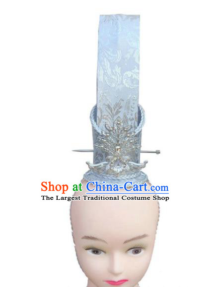 Chinese Classical Dance Hair Accessories Male Stage Performance Headpieces Ancient Scholar White Hairdo and Hairpin