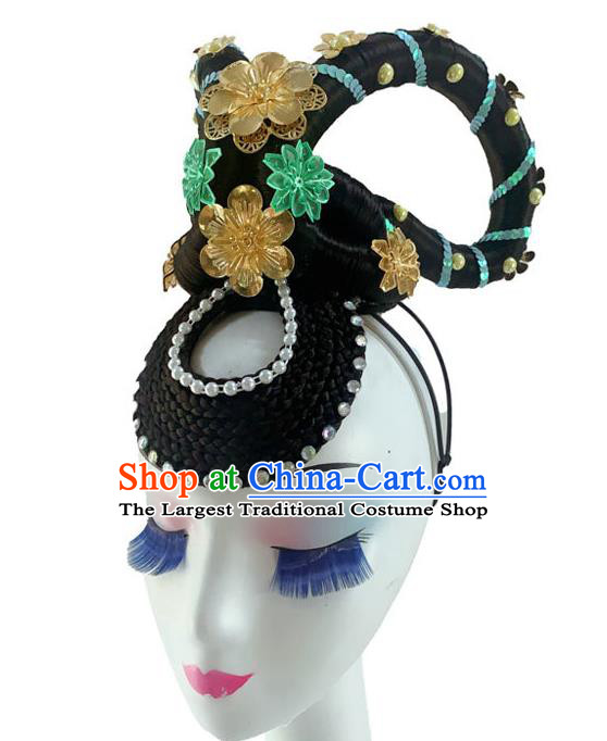 Chinese Traditional Court Dance Hairpieces Woman Stage Performance Headdress Classical Dance Hair Accessories Flying Apsaras Dance Wigs Chignon