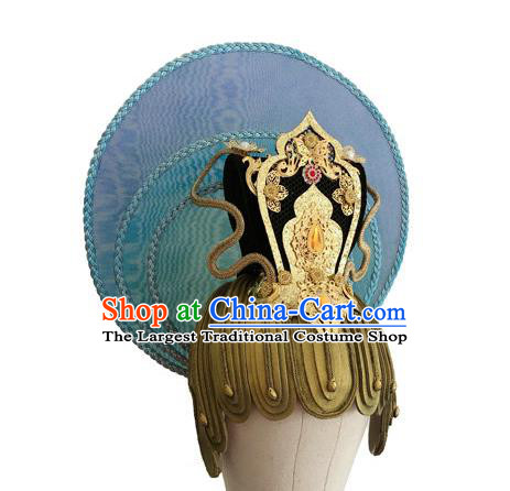 Chinese Ancient God Blue Hat Classical Dance Hair Accessories Male Stage Performance Headdress