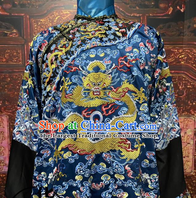 China Ancient Blue Imperial Dragon Traditional Historical Garment Costume Qing Dynasty Emperor Embroidered Dragon Robe Clothing