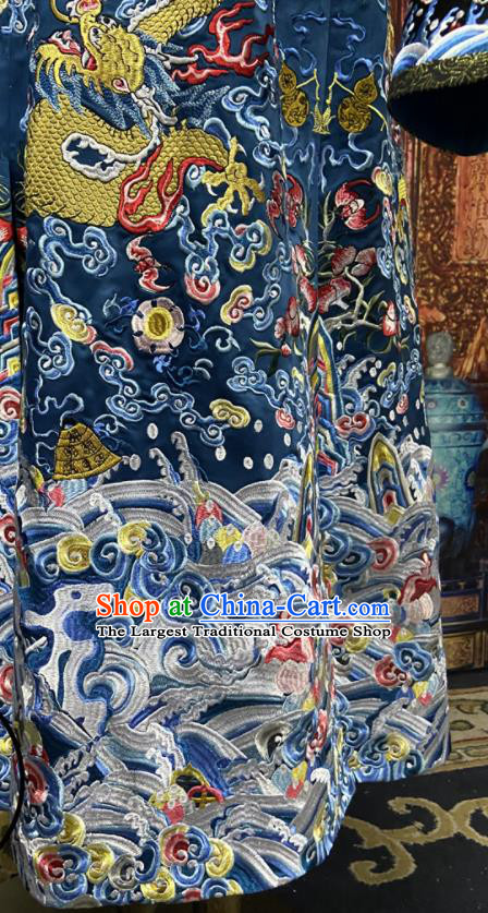 China Ancient Blue Imperial Dragon Traditional Historical Garment Costume Qing Dynasty Emperor Embroidered Dragon Robe Clothing