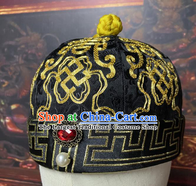 Chinese Qing Dynasty Emperor Black Hat Ancient Manchu Monarch Headdress Traditional King Mandarin Headwear