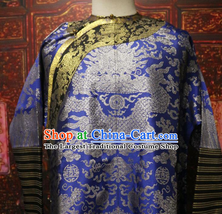 China Traditional Emperor Historical Costume Qing Dynasty Manchu King Dragon Robe Clothing Ancient Monarch Blue Brocade Imperial Robe Garment