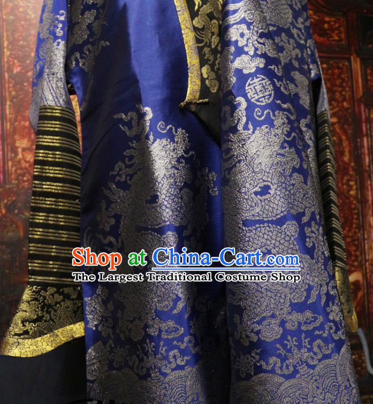 China Traditional Emperor Historical Costume Qing Dynasty Manchu King Dragon Robe Clothing Ancient Monarch Blue Brocade Imperial Robe Garment
