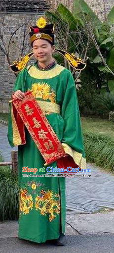 China Ancient Immortal Apparels Cosplay Lucky God Clothing Traditional Festival Performance Green Garment Costume and Headdress
