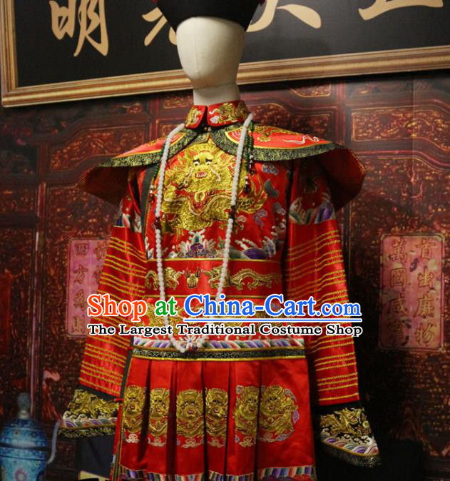 China Ancient Monarch Embroidered Wedding Dragon Robe Traditional Emperor Red Imperial Robe Qing Dynasty Manchu Lord Historical Garment Costume