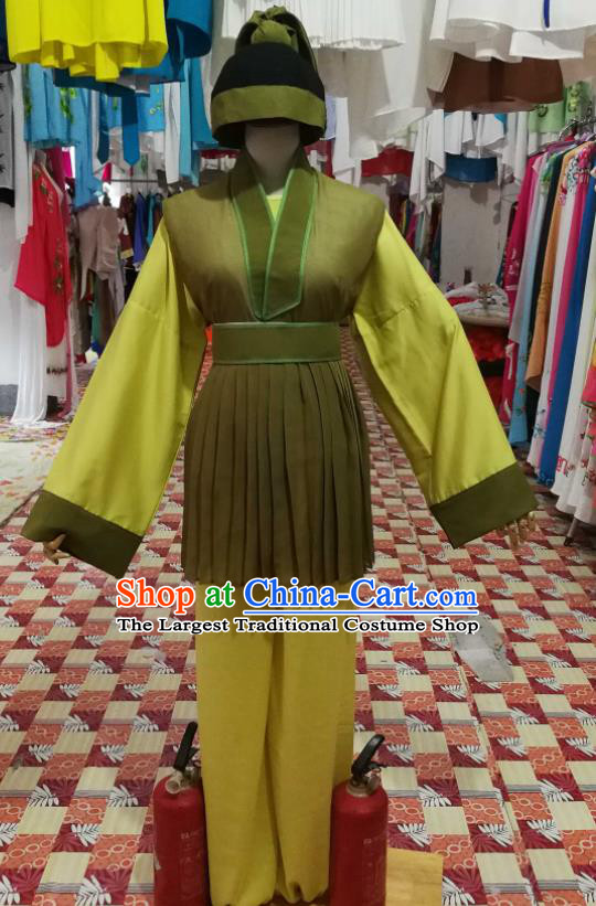 China Traditional Opera Farmer Clothing Wuxi Opera Pauper Garment Costumes Beijing Opera Servant Green Uniforms