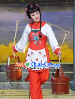 China Ancient Country Woman Garment Costumes Shaoxing Opera Village Lady Red Outfits Traditional Peking Opera Xiaodan Clothing