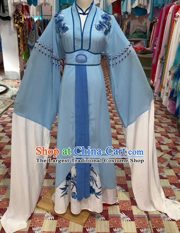 China Ancient Young Lady Garment Costume Shaoxing Opera Actress Blue Dress Outfits Traditional Peking Opera Diva Clothing