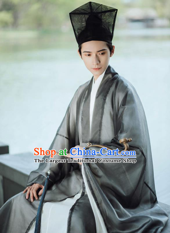 China Ming Dynasty Taoist Clothing Ancient Scholar Garment Costume Traditional Hanfu Grey Cloak for Men