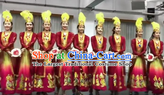 Chinese Uyghur Minority Rosy Dress Outfits Uighur Nationality Dance Clothing Xinjiang Ethnic Performance Costume Woman Dance Garments