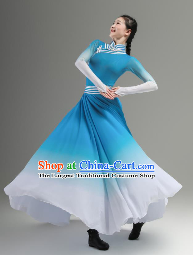 Chinese Mongolian Minority Blue Dress Outfits Mongol Nationality Clothing Ethnic Folk Dance Costume Woman Performance Garments