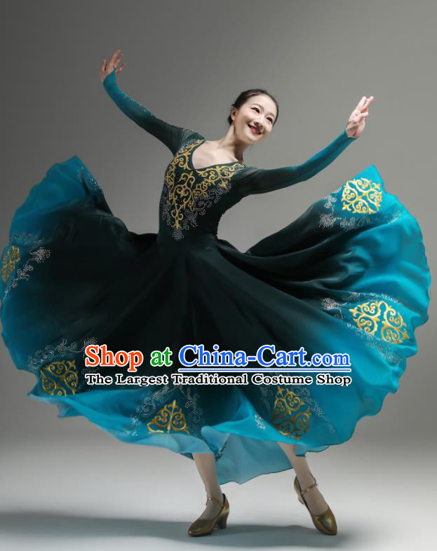 Chinese Uyghur Minority Performance Atrovirens Dress Outfits Uighur Nationality Dance Clothing Xinjiang Dance Costumes Ethnic Woman Garments