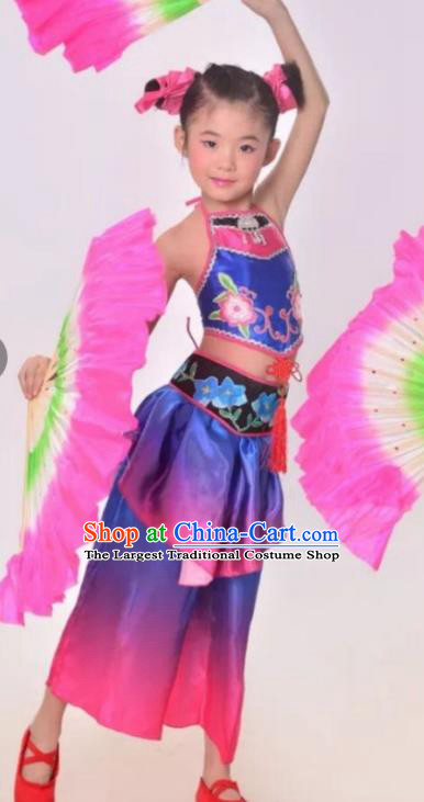 Chinese Jiaozhou Yangko Dance Clothing Children Group Performance Garments Folk Dance Blue Outfits Fan Dance Costumes