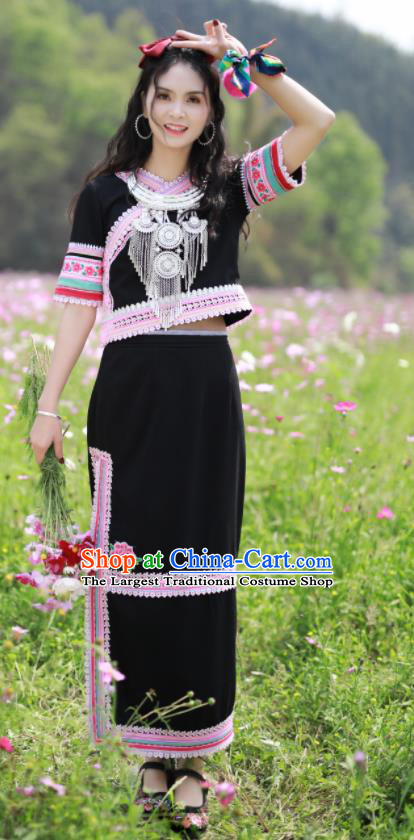 Chinese Guangxi Festival Dance Garments Yao Minority Folk Dance Black Dress Ethnic Dance Outfits Miao Nationality Woman Clothing