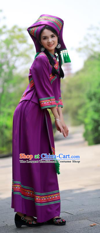 Chinese Zhuang Nationality Woman Clothing Guangxi Festival Dance Garments Minority Folk Dance Purple Dress Ethnic Performance Outfits