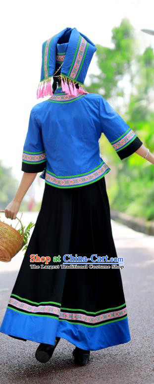 Chinese Guangxi Ethnic Performance Outfits Zhuang Nationality Woman Clothing Festival Dance Garments Bouyei Minority Folk Dance Blue Dress